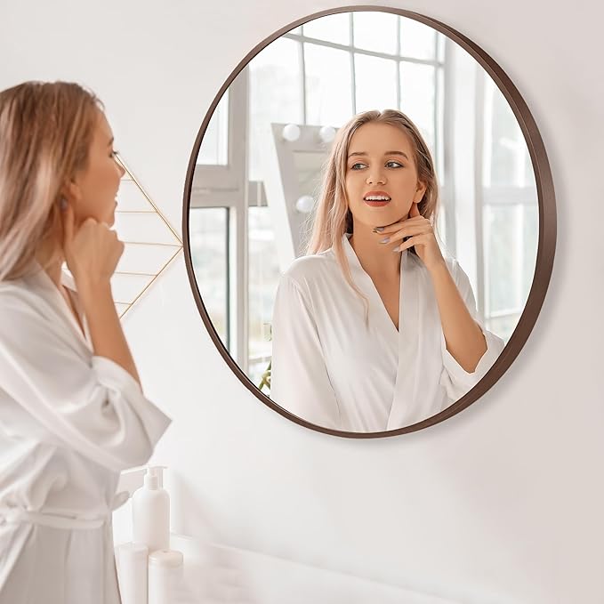 30 inch Circle Wall Mirror, Brushed Bronze Metal Framed Round Mirror for Bathroom Vanity, Bedroom Decor, Living Room, Entryway