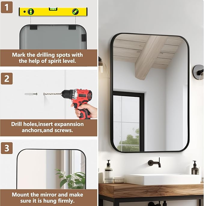 Matte Black Mirror, 16"x24" Rectangle Bathroom Mirror, Metal Frame Rectangle Corner Vanity Mirror, Wall Mounted Mirror for Modern, Living Room, Bedroom, Horizontal Or Vertical