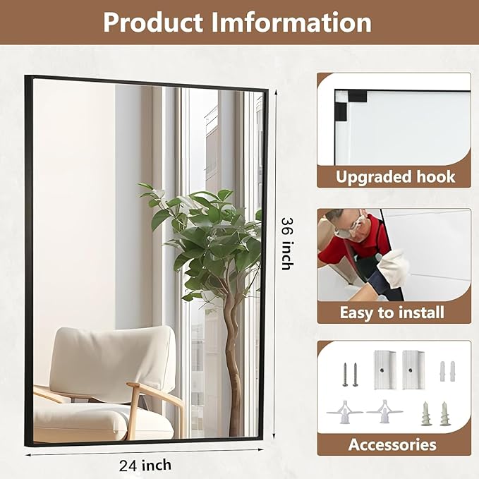 Black Bathroom Mirror, 24"x36" Rectangle Mirror, Matte Black Mirror, Metal Frame Square Corner Vanity Mirror, Wall Mounted Mirror for Modern, Living Room, Bedroom, Horizontal Or Vertical