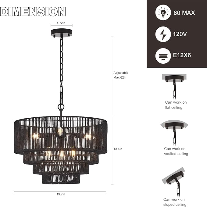 19.7" Hand-Woven Rattan Chandelier Vintage Farmhouse 6-Lights Boho Black Bamboo Chandeliers Light Fixture Retro Drum Wicker Rattan Chandelier for Dining Room, Kitchen Island, Bedroom, E12