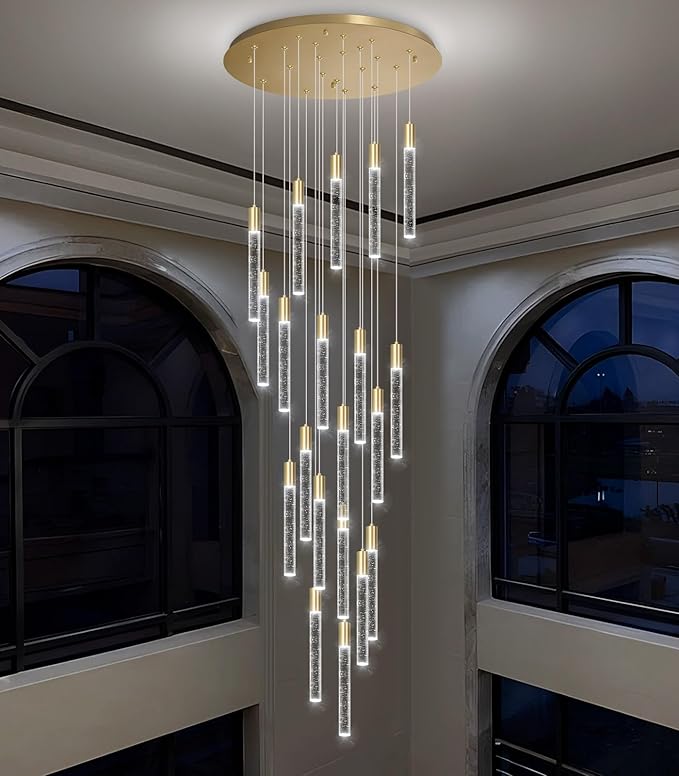 13FT High Ceiling Chandelier for Entryway Modern Crystal LED Light Glam Chandeliers for Living Room Foyer Sloping Ceiling Pendant Lighting Fixture 24-Lights Gold