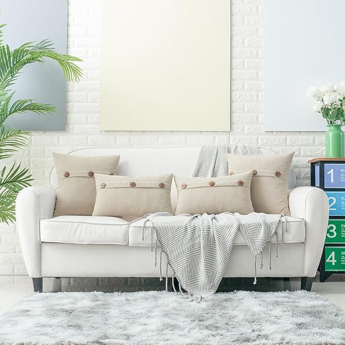 HWY 50 Beige Chenille Throw Pillow Covers 18x18 Inch with Triple Buttons, Soft Farmhouse Accent Decorative Cushion Cases for Couch Sofa Bed Living Room Bedroom Pack of 2