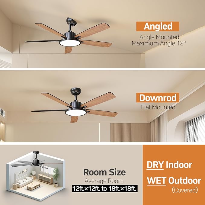 TALOYA 52 Inch Black Smart Ceiling Fans with Lights Led Remote Control Flush Mount Low Profile for Bedroom Living Dining Room Outdoor Farmhouse Patio,Reversible,DC Motor,3 Color Temperatures,5 Blades