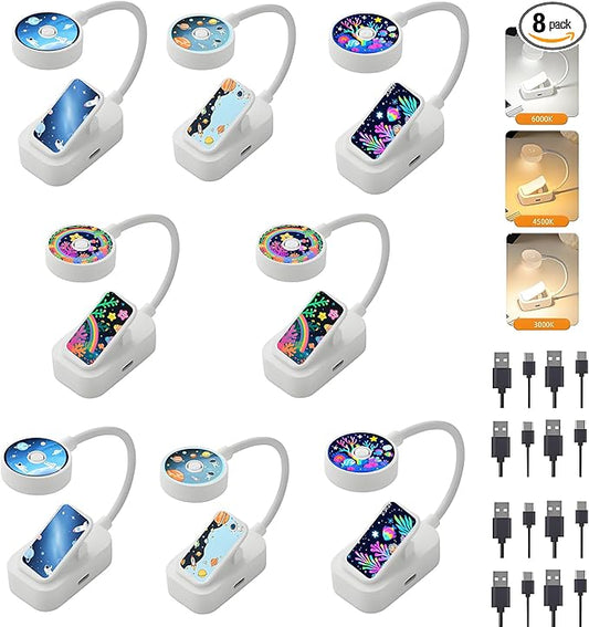 8 Pack Rechargeable Small Cute Book Lights Bulk for Reading at Night,3 Color,Adjustable Brightness,Clip on to Book Lights for Reading in Bed ，Great Gifts for Kids，Book Lovers，Readers