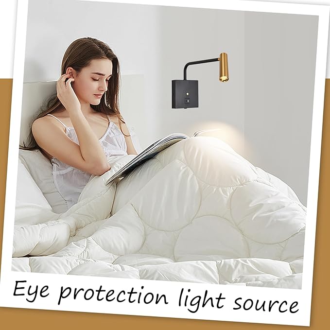 ZEROUNO LED Wall Lamp Wall Mounted Reading Lights, Dimmable Adjustable Headboard Plug in Wall Sconce with USB C+A Ports, Indoor LED Wall Lighting for Bedroom Bedside 3000K (Black)