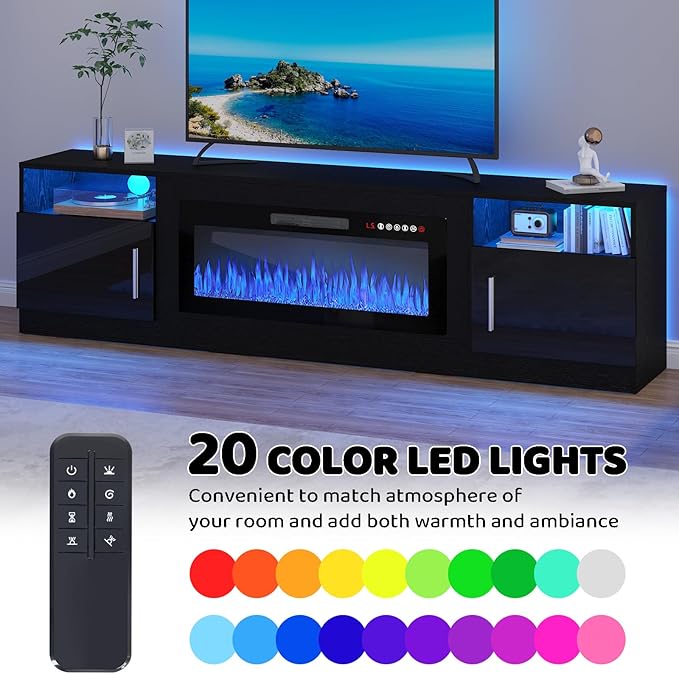 Lemberi Fireplace tv Stand with 36 inch Fireplace Up to 90" TVs, LED Light Entertainment Center and Storage, 80" Modern Wood Media TV Console with Highlight Cabinet for Living Room (Black)