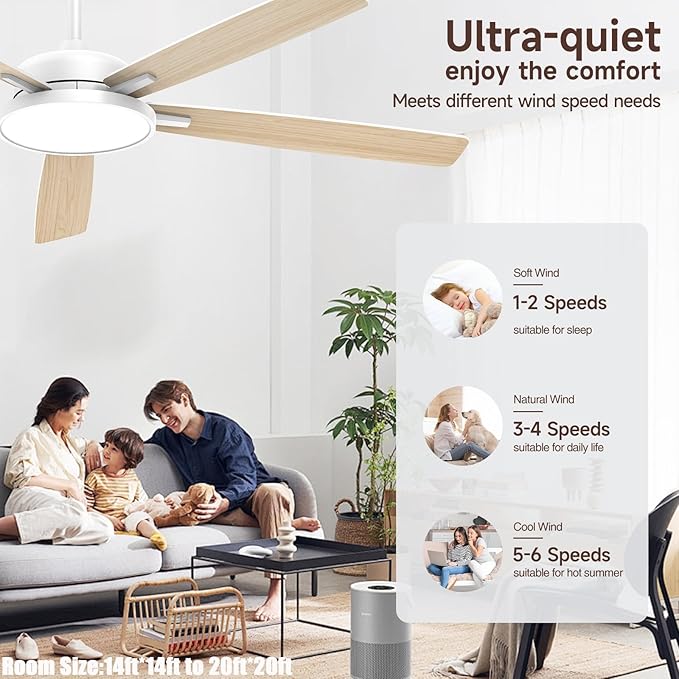 Roomratv Ceiling Fans with Lights,62 Inch Smart Ceiling Fan,Remote and App Control,Dimmable,Reversible,Noiseless, Compatible with Alexa,Google Home,Large White Modern ceiling fan for Indoor/Outdoor