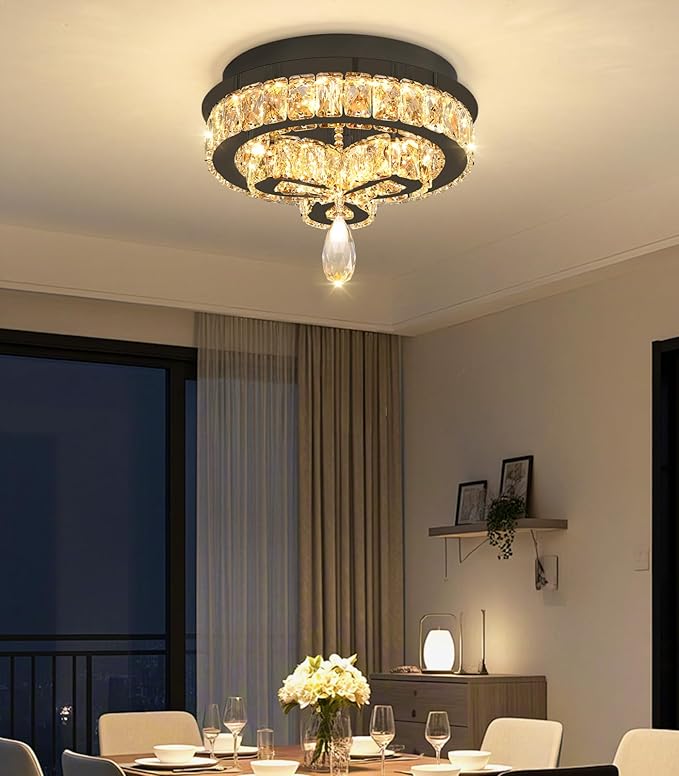 12'' Modern Crystal Chandelier LED Dimmable Flush Mount Ceiling Light Pendant Light for Hallway Living Room Bedroom Dining Room Foyer Black