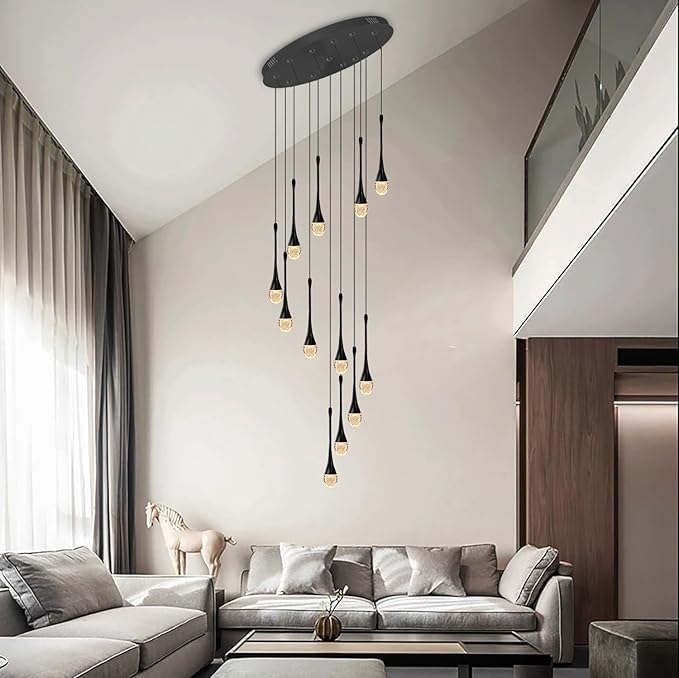 12-Light Black Raindrop Crystal Chandelier 120'' High Ceiling foyers Entrance Chandeliers Staircase Long Pendant Light Dimmbale LED 2700-6000K