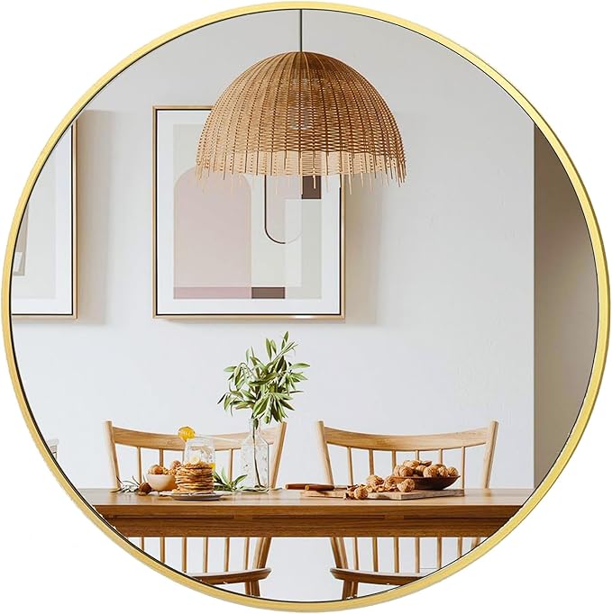 24 inch Gold Circle Wall Mirror, Brushed Gold Metal Framed Round Mirror for Bathroom Vanity, Bedroom Decor, Living Room, Entryway