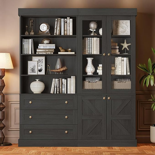 Vyre 71" Tall Farmhouse Kitchen Pantry, Large Storage Cabinets with Glass Doors, Hutch Cabinet with 3 Drawers, Adjustable Shelves for Living Room, Dining Room, Black