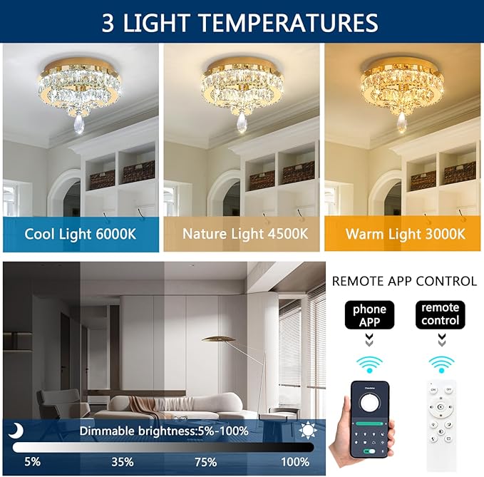12'' Modern Crystal Chandelier LED Dimmable Flush Mount Ceiling Light Pendant Light for Hallway Living Room Bedroom Dining Room Foyer Gold