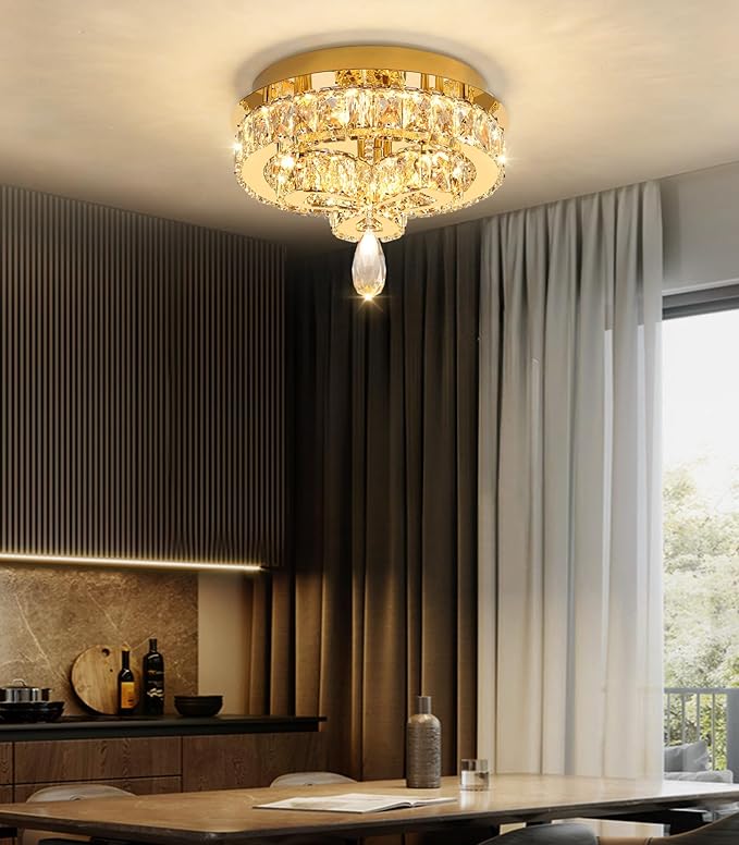12'' Modern Crystal Chandelier LED Dimmable Flush Mount Ceiling Light Pendant Light for Hallway Living Room Bedroom Dining Room Foyer Gold
