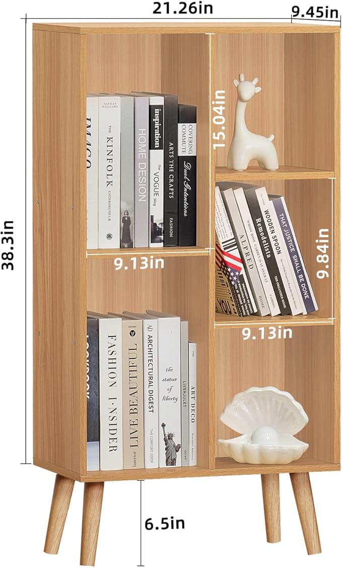 LEYAOYAO Wooden 5 Cube Bookshelf, Natural 3 Tier Book Shelf with Legs, Modern Open Storage Organizer,Boho Bookcase,Display Cabinet Shelf Free Standing Bookshelfs for Bedroom,Living Room,Study