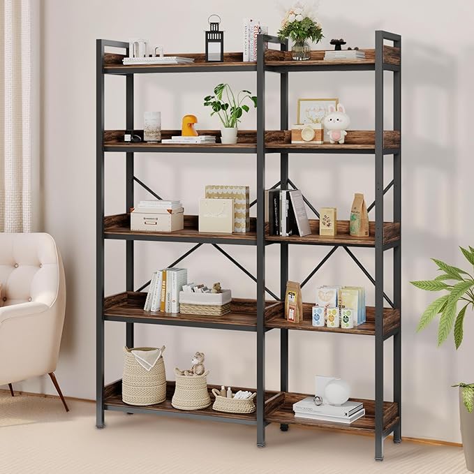 5-Tier Corner Bookshelf - Modern Tall Corner Bookcase with Sturdy Metal Frame, Large Storage L Shaped Bookshelf for Living Room/Home Office/Bedroom, Space-Saving Design, Rustic Brown