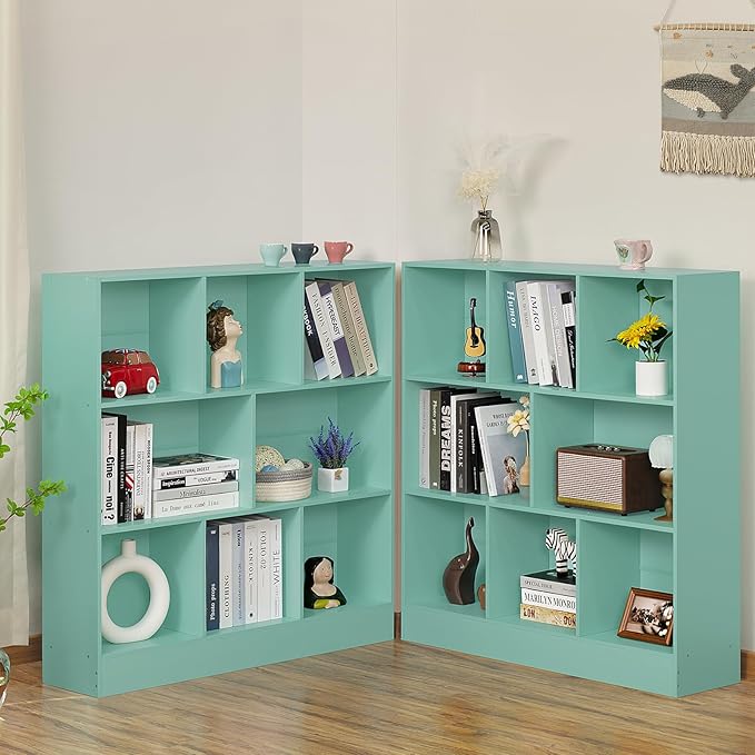 LEYAOYAO 8 Cube Bookshelf with Base,3 Tier Modern Mint-Green Kids Bookcase,Standing Wide Bookshelfs Storage Organizer Toy Shelf,Wood Display Children's Book Shelves for Bedroom,Living Room,Nursery