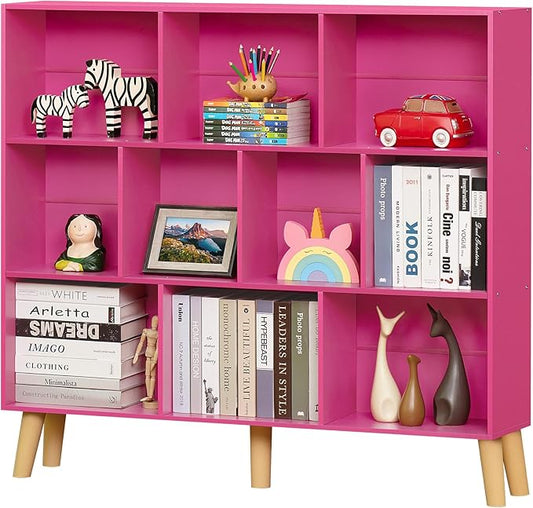 LEYAOYAO 10 Cube Bookshelf,3 Tier Modern Wide Bookcase with Legs,Mid-Century Wood Bookshelfs Storage，Pink Large Book Case,Freestanding Organizer Display Shelf for Bedroom,Living Room,Office