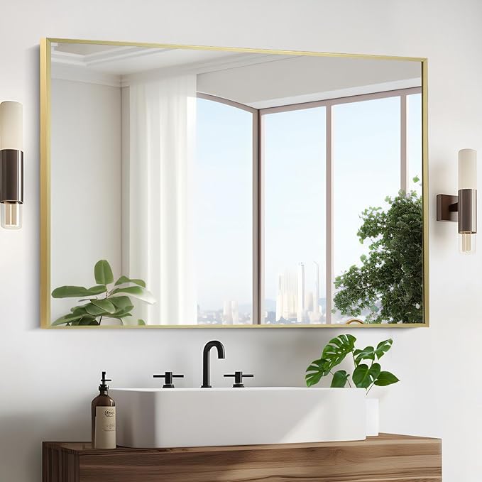 Gold Bathroom Mirror, 30"x36" Rectangle Mirror, Brushed Gold Mirror, Metal Frame Square Corner Vanity Mirror, Wall Mounted Mirror for Modern, Living Room, Bedroom, Horizontal Or Vertical