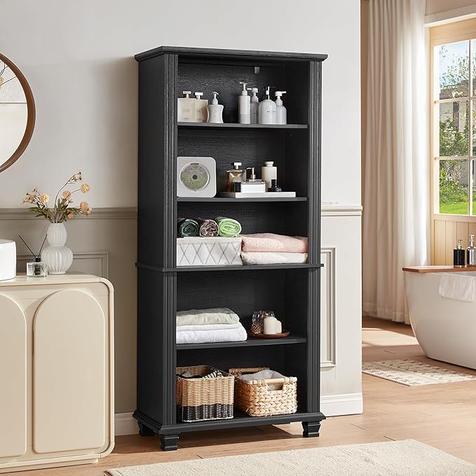 70" Tall Black Bookshelf,5 Tier Wooden Book Shelf with Adjustable Shelves &amp; Wood Legs,Free Standing Farmhouse Bookcase with Open Display Storage,Vintage Bookshelfs for Living Room, 3PCS