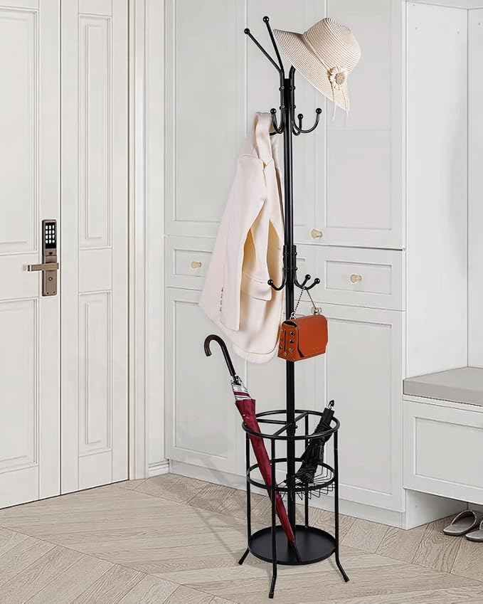 Metal Coat Rack, Freestanding Coat Rack Stand with Umbrella Holder, Coat Tree with 12 Hooks for Clothes Hats Bags, Modern Coat Hanger Stand for Entryway Living Room Bedroom Office Use, Black