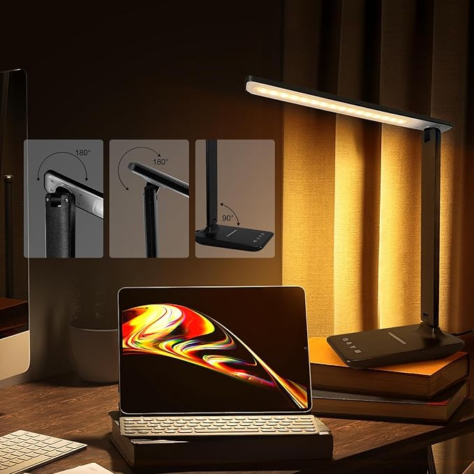 White crown LED Desk Lamp with 15W Wireless Charger &amp; USB Port, Dimmable Table Lamp with 5 Lighting Modes, Sensitive Touch Control, Foldable &amp; Portable Desk Light for Home, Office, Bedroom, Reading