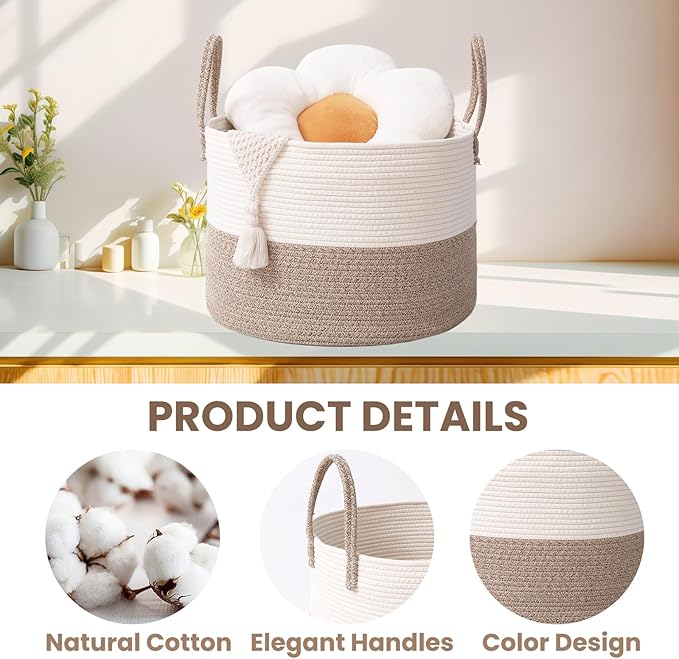 Woven Blanket Basket,65L Large Rope Storage Bin with Handles, Organizer for Blankets Toys Book and Clothes, Laundry Basket for Living Room Bedroom Nursery,White&amp;Brown