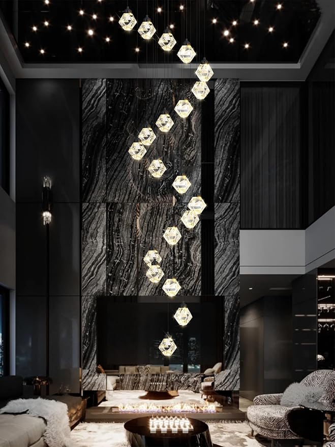 H142in Modern Crystal Chandeliers Large Chandeliers for High Ceiling Black Pendant Light Fixture 26-Lights Large Pendant Light for Staircase Living Room Hallway Entryway