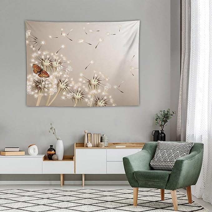 Nature Tapestry,Floral Dandelion Flying Butterfly Flower Plant Theme Print Tapestries for Living Room Party Beach Picnic Blankets Tablecloths Wall Decor, 30x40 in