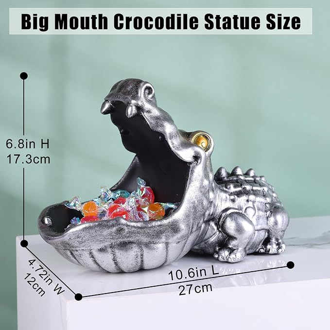 Alligator Statue Key Bowl, Fun Animal Statue Candy Dish for Entryway Decorative Bowl, Office Candy Dish, Big Mouth Sculpture Home Living Room Trinket Container Storage Box (Silver)
