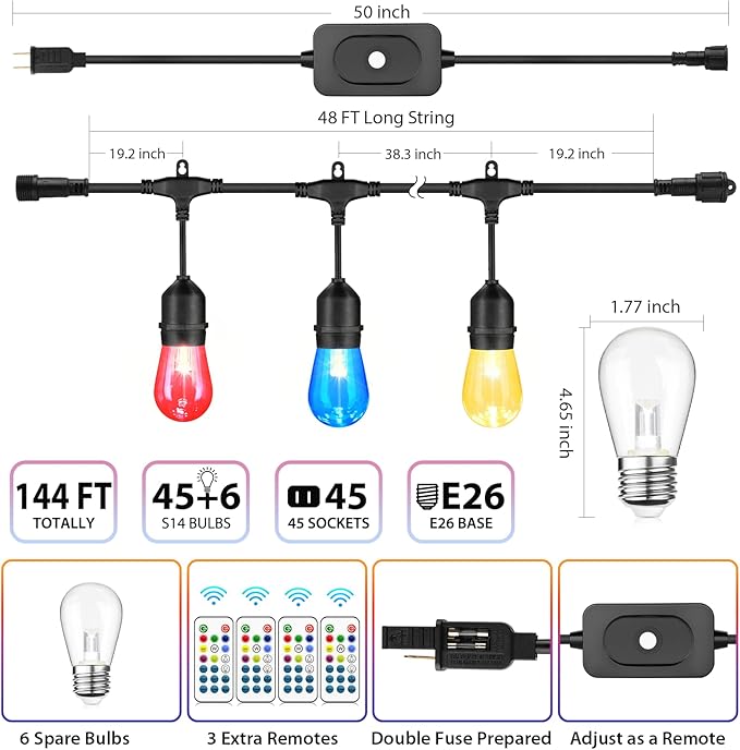 Mlambert 144Ft(3x48ft) Multicolor Outdoor Patio Lights, Dimmable RGB Cafe String Lights with 45+6 Waterproof LED Bulbs for Garden Bistro-Black 3 Pack