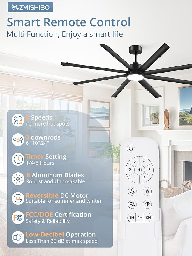 ZMISHIBO 84 Inch Ceiling Fans with Lights, Indoor/Outdoor Industrial Ceiling Fan with 8 Aluminum Reversible Blade, Quiet DC Motor, 3CCT&6-Speed Remote Control, Damp Rated for Living Room/Garage/Gazebo