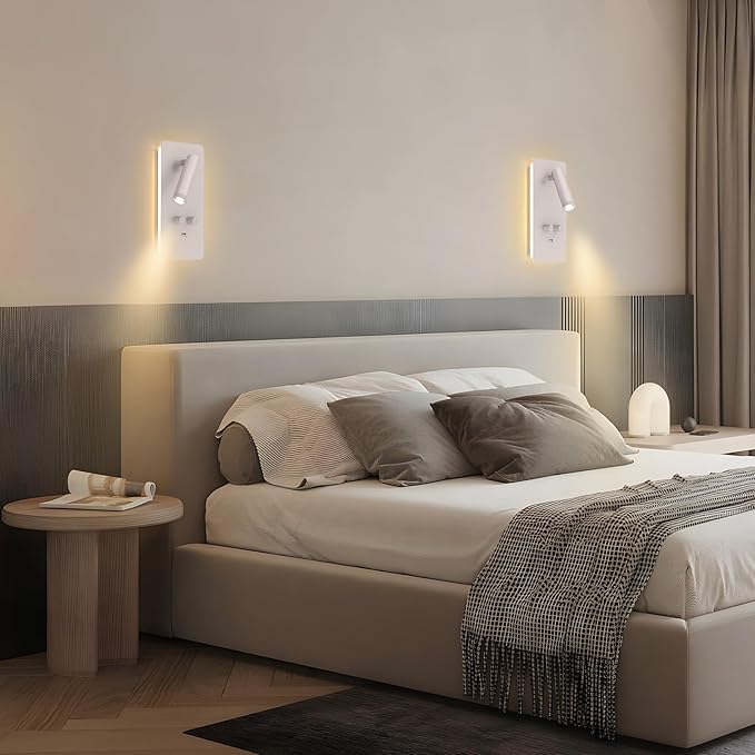 M04 Dimmable Wall Mounted Sconces Reading Light Bedside Lamp with USB Port Headboard Plug in Hardwire Wall Lamps Sconces Adjustable Headboard 0.9-3.7 Spotlight + 1.2-6W Backlight