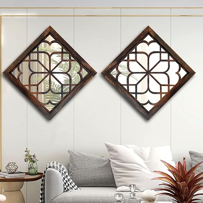 Wocred 16inch 2 PCS Square Wall Mirror,Gorgeous Rustic Farmhouse Accent Mirror, Caramel Color Entry Mirror for Bathroom Renovation,Bedrooms,Living Rooms and More.