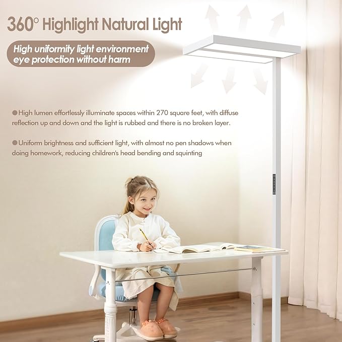 120W LED Floor Lamp 4000K for Office, 76.6'' 12600LM Dimmable Natural Daylight Eye-Caring Free Standing Lamp with Daylight Sensor and Motion Sensor for Meeting Room Studying Room Reading