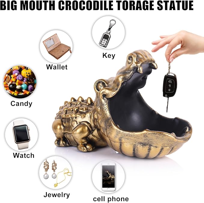 Alligator Statue Key Bowl, Fun Animal Statue Candy Dish for Entryway Decorative Bowl, Office Candy Dish, Big Mouth Sculpture Home Living Room Trinket Container Storage Box (Gold)