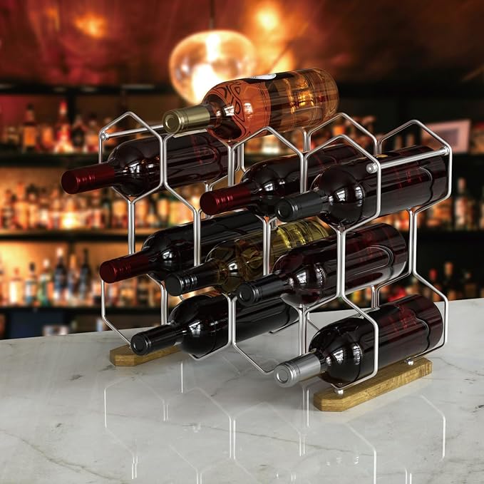 Buruis Countertop Wine Rack with Acacia Base, 14-Bottle Modern Freestanding Metal Holder for Red and White Wine, Tabletop, Kitchen, Bar, and Cabinet Storage (Chrome)