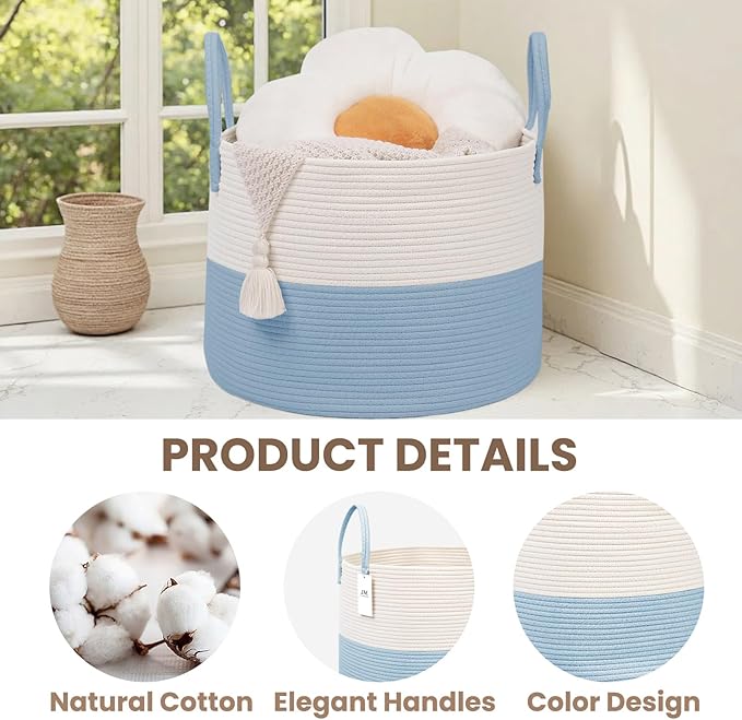 Woven Blanket Basket,65L Large Rope Storage Bin with Handles, Organizer for Blankets Toys Book and Clothes, Laundry Basket for Living Room Bedroom Nursery,White&amp;Blue