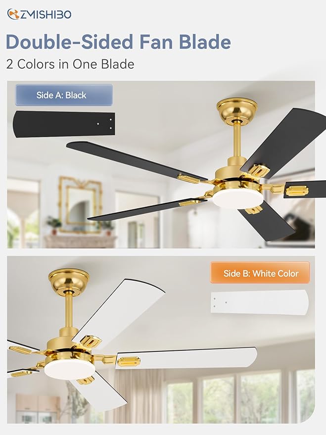 ZMISHIBO 52" Ceiling Fans with Lights, Gold Modern Ceiling Fan with Remote, Bedroom Indoor Ceiling Fan with Dual Finish Blades, Quiet & Strong Motor, Bright LED Light