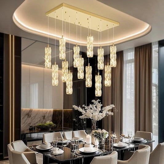 16-Lights Modern Crystal Chandelier Rectangular Dining Room Chandeliers LED Pendant Lighting Fixture for Kitchen Island High Ceiling Chandelier for Staircase Foyer Entryway