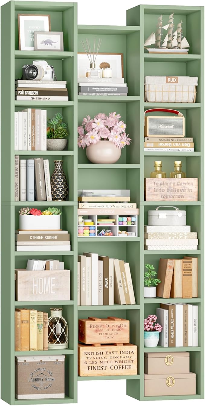 FOTOSOK 71'' Tall Bookshelf, Triple Wide Bookshelf with Adjustable Shelves, 8 Tier Media CD DVD Storage Tower Rack, Diaplay Cabinet Shelf, Cube Storage Organizer Shelf for Home Office, Green