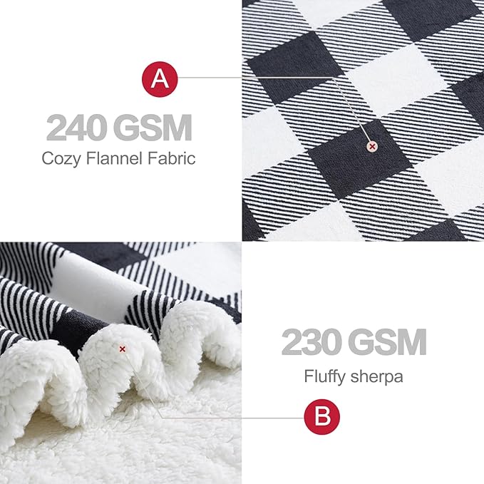 PU MEI Sherpa Fleece Throw Blanket 80" x 90" Reversible Plush Fluffy Large Big Blanket Lattice Flannel Blankets for All Season Use, Black and White