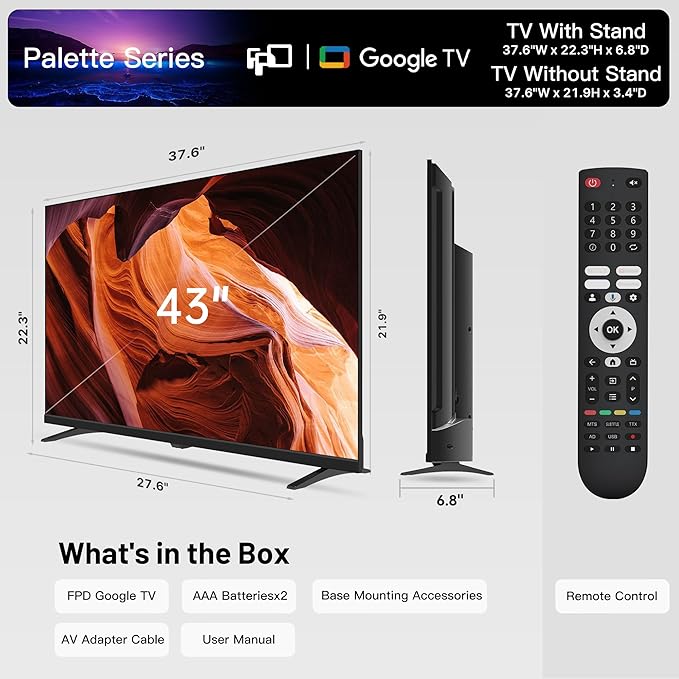 FPD 43-inch Smart TV Google TV 1080p Full HD with Google Play and Chromecast Built-in, HDR 10, Dolby Audio, Voice Remote, Stream Live TV(Palette-Series, CG43-P3, 2024 Model)