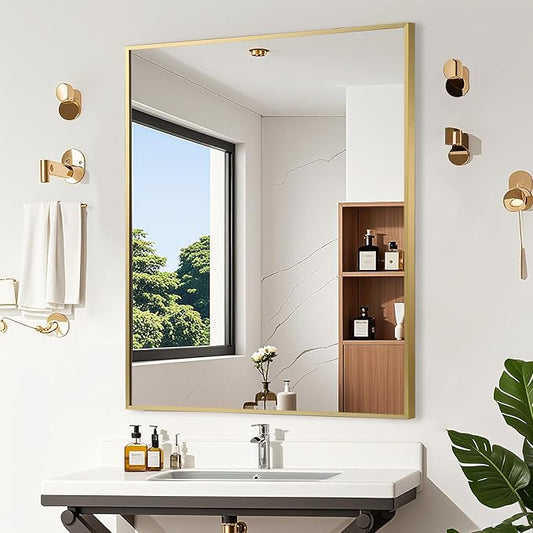 Gold Bathroom Mirror, 30"x36" Rectangle Mirror, Brushed Gold Mirror, Metal Frame Square Corner Vanity Mirror, Wall Mounted Mirror for Modern, Living Room, Bedroom, Horizontal Or Vertical
