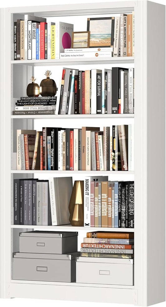 Book Shelf,5-Tier White Bookshelf, Office Bookcases and Bookshelfs,Tall Metal Storage Organizer,Freestanding Bookshelf for Library,Living Room,Home Office (W:31.5")