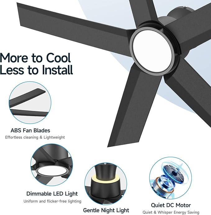 ocioc 52 Inch Ceiling Fans with Lights, Large Air Volume Ceiling Fan with Backlight, Ultra Quiet Reversible DC Motor with Remote (Black)