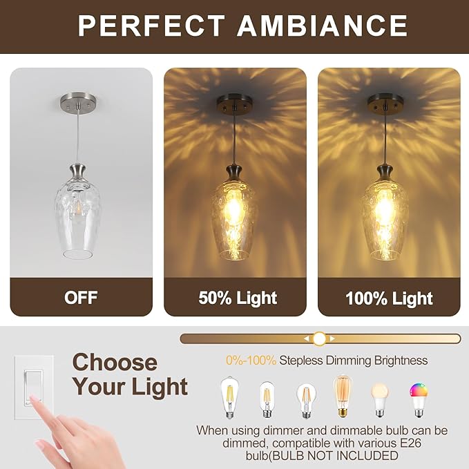 Glass Pendant Lights Kitchen Island, 1-Light Brushed Nickel Pendant Light Fixtures with Hand-Blown Clear Glass, Modern Farmhouse Hanging Light for Kitchen Sink Dining Room Bedroom, E26