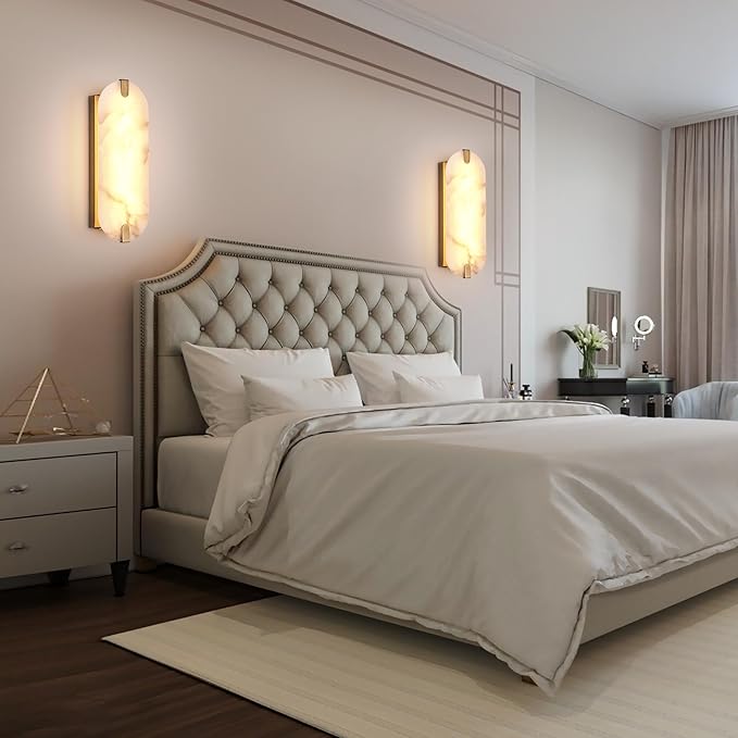 14.17in Alabaster Wall Sconces, Natural Marble Wall Light Set of Two, Modern LED Alabaster Sconces for Living Room Indoor Wall Lamps for Dining Room Stairs Bedroom,Brushed Gold