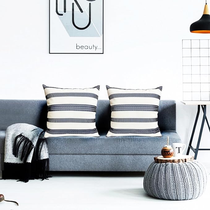 Decorative Throw Pillow Covers Set of 2 Blue Boho Striped Pillow Covers 18x18 Inch Throw Pillow Cover Linen Pillowcase Farmhouse Outdoor Pillow Covers for Couch Sofa Bed Living Room