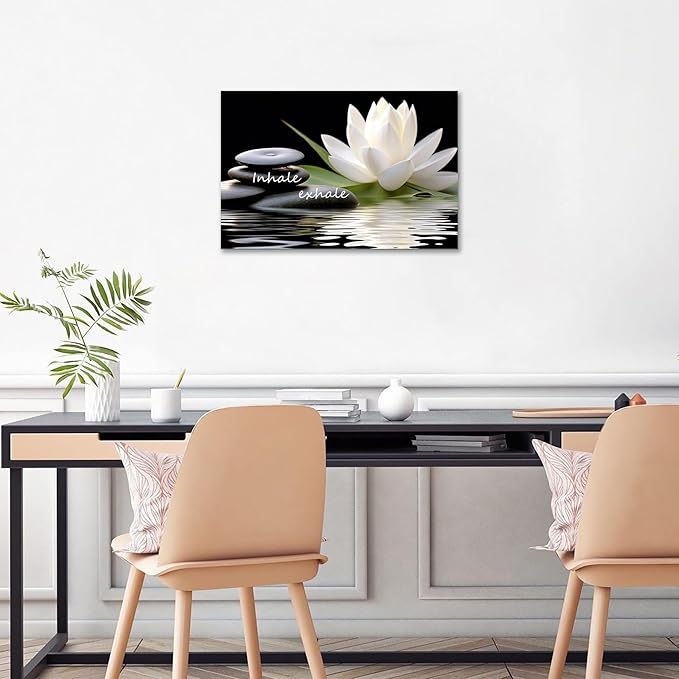 Zen Wall Art Inhale Exhale Canvas Prints Lotus Bloom in Water with Spa Stone Pictures for Zen Office Wall Decor Modern Spiritual Framed Artwork Poster (24 x 36inches)