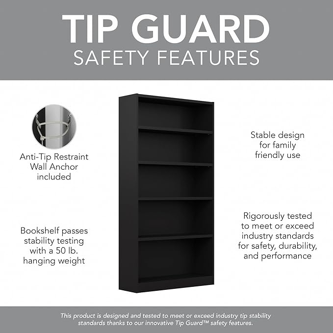 Bush Furniture Universal Tall 5 Shelf Bookcase in Black, Vertical Storage and Display Bookshelf for Home Office or Living Room Organization